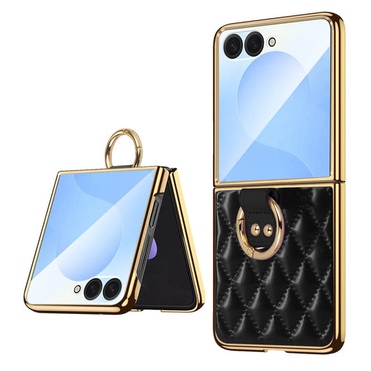 For Samsung Galaxy Z Flip7 5G Case Rhombus Grid Phone Cover with Tempered Glass Film - Black