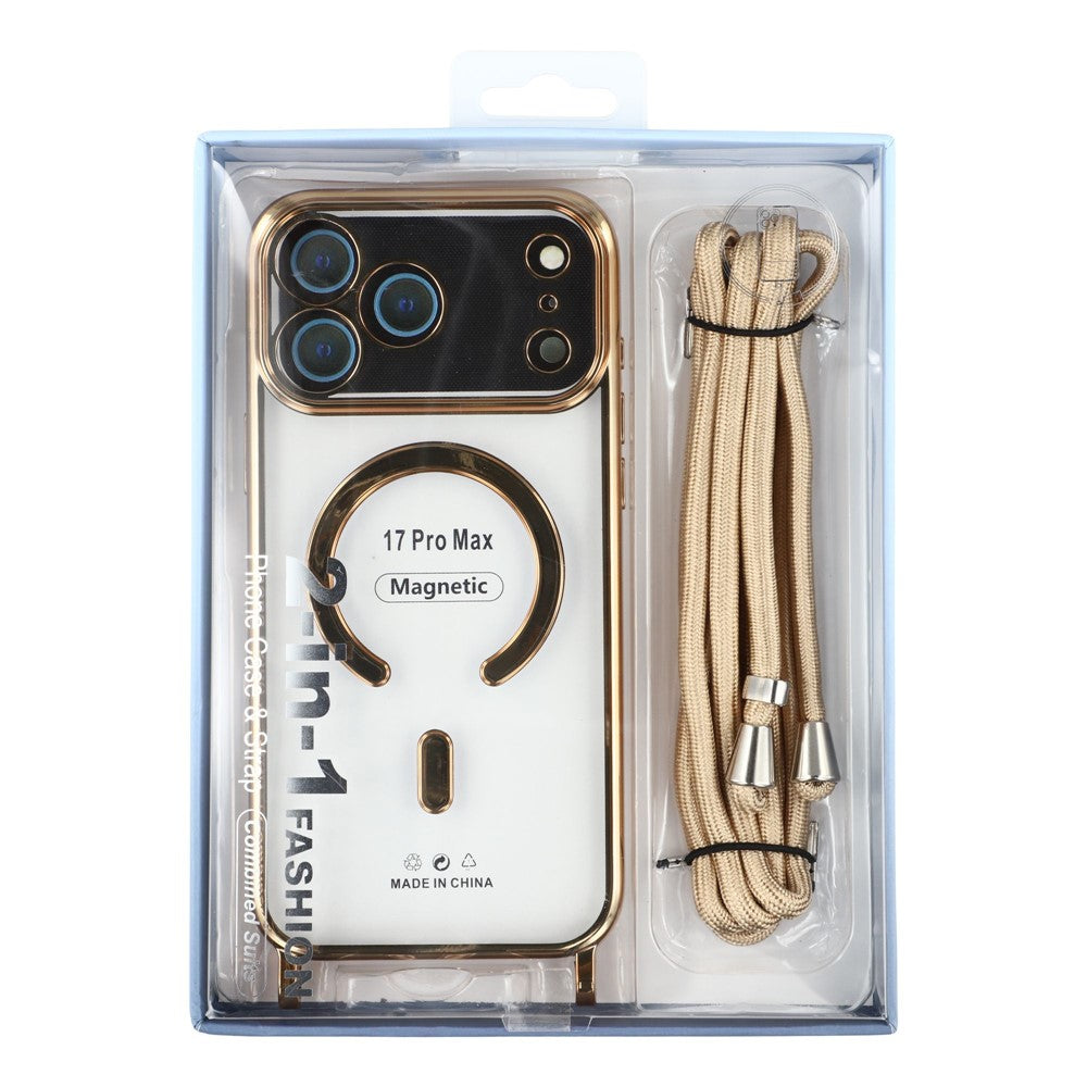 For iPhone 17 Pro Max Case Compatible with MagSafe Electroplating Edge TPU Phone Cover with Screen Film / Shoulder Strap - Blue