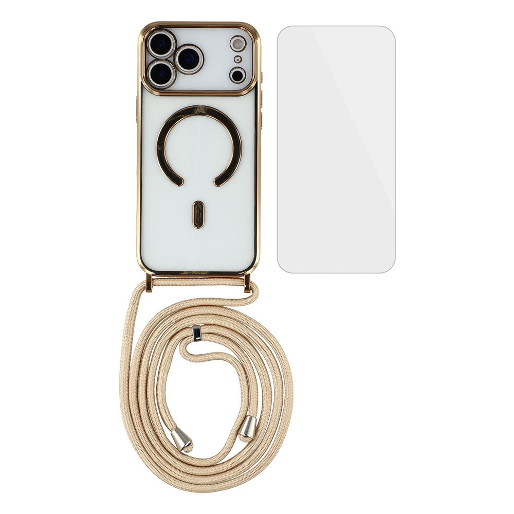 For iPhone 17 Pro Max Case Compatible with MagSafe Electroplating Edge TPU Phone Cover with Screen Film / Shoulder Strap - Gold