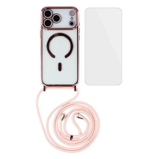 For iPhone 17 Pro Max Case Compatible with MagSafe Electroplating Edge TPU Phone Cover with Screen Film / Shoulder Strap - Pink