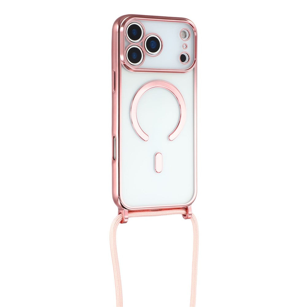 For iPhone 17 Pro Max Case Compatible with MagSafe Electroplating Edge TPU Phone Cover with Screen Film / Shoulder Strap - Pink