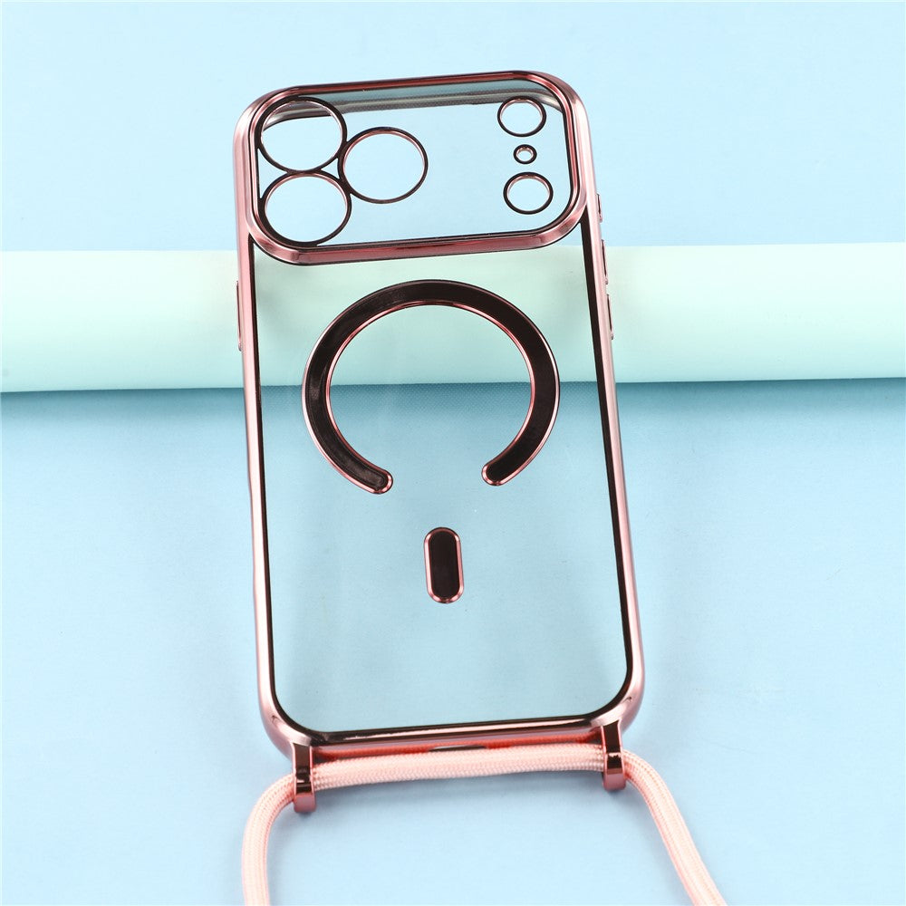 For iPhone 17 Pro Max Case Compatible with MagSafe Electroplating Edge TPU Phone Cover with Screen Film / Shoulder Strap - Pink