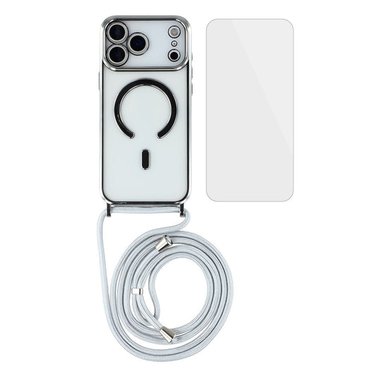 For iPhone 17 Pro Max Case Compatible with MagSafe Electroplating Edge TPU Phone Cover with Screen Film / Shoulder Strap - Silver