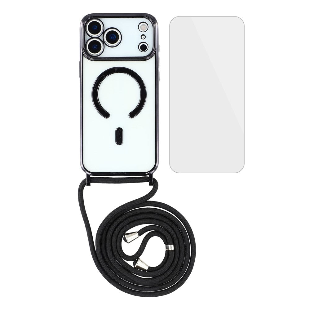 For iPhone 17 Pro Max Case Compatible with MagSafe Electroplating Edge TPU Phone Cover with Screen Film / Shoulder Strap - Black