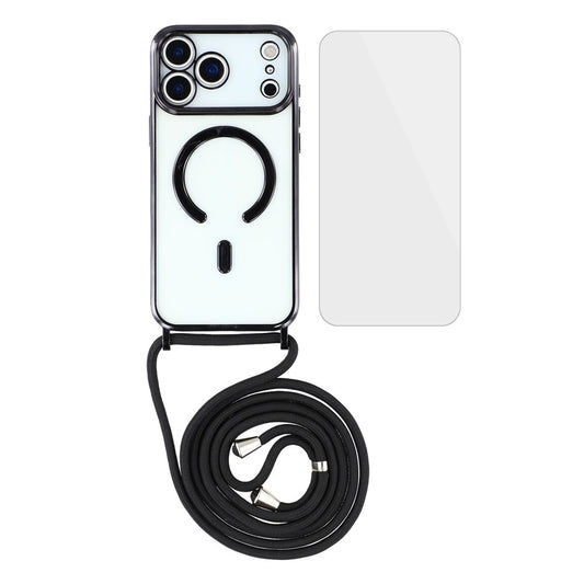 For iPhone 17 Pro Max Case Compatible with MagSafe Electroplating Edge TPU Phone Cover with Screen Film / Shoulder Strap - Black