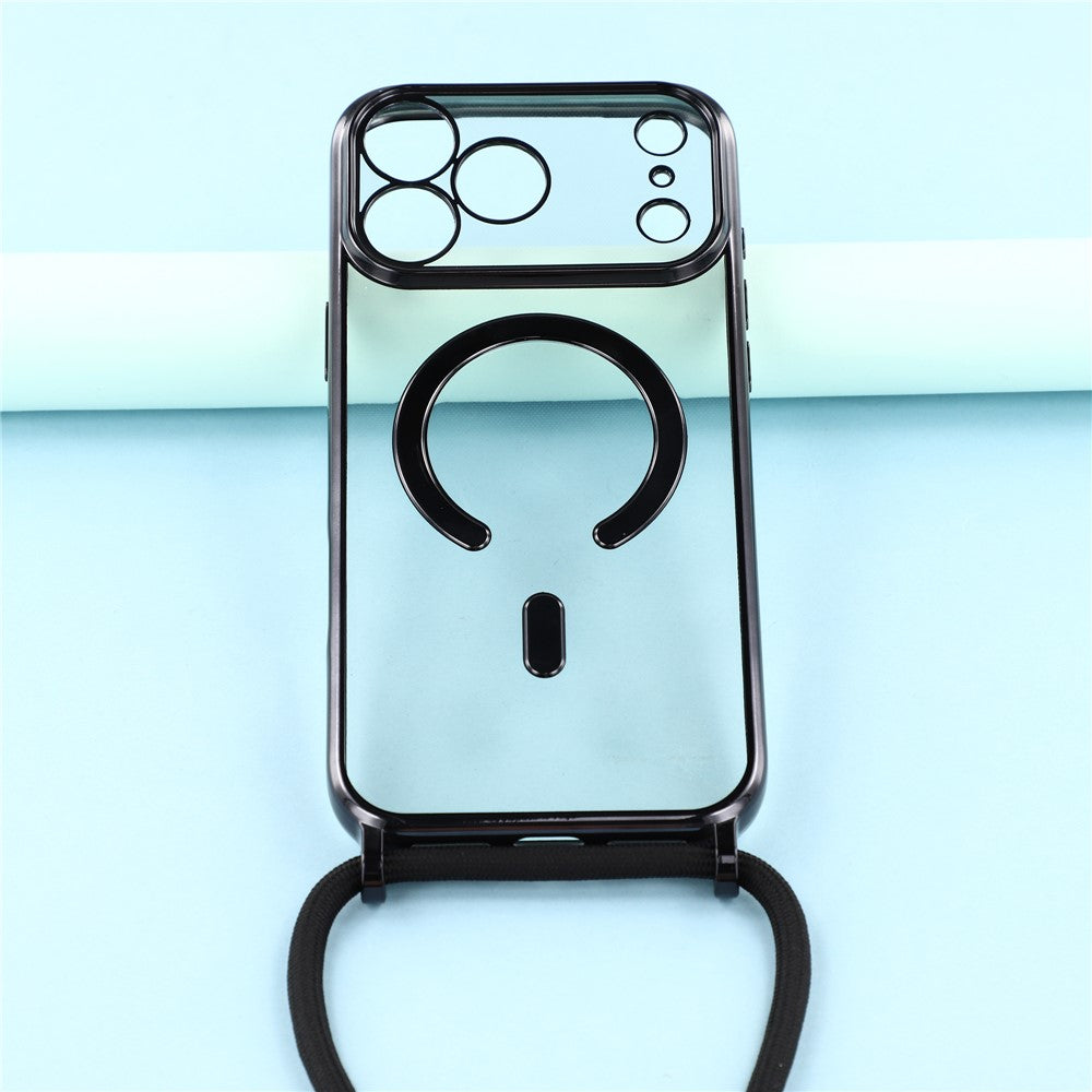 For iPhone 17 Pro Max Case Compatible with MagSafe Electroplating Edge TPU Phone Cover with Screen Film / Shoulder Strap - Black
