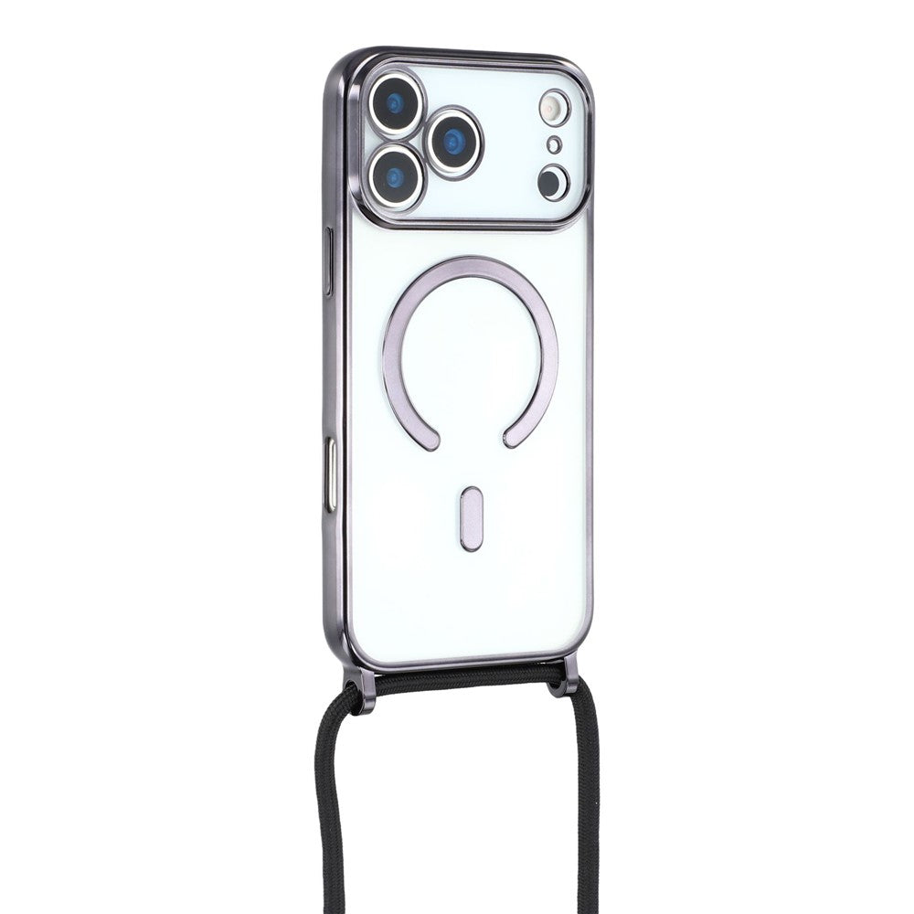For iPhone 17 Pro Max Case Compatible with MagSafe Electroplating Edge TPU Phone Cover with Shoulder Strap - Black