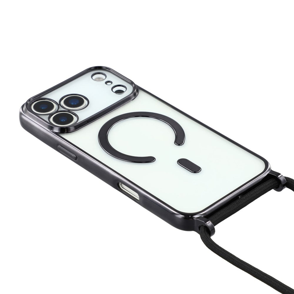 For iPhone 17 Pro Max Case Compatible with MagSafe Electroplating Edge TPU Phone Cover with Shoulder Strap - Black