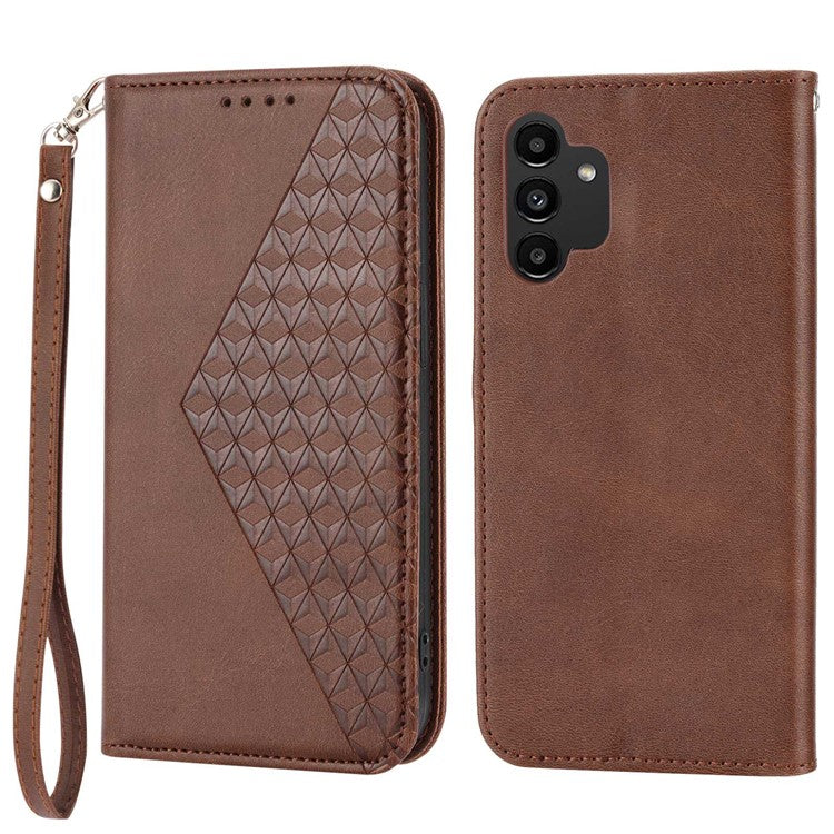 For Samsung Galaxy A32 5G / M32 5G Shockproof Calf Texture Wallet Stand Phone Case PU Leather Imprinted Rhombus Pattern Protective Phone Cover with Strap - Brown