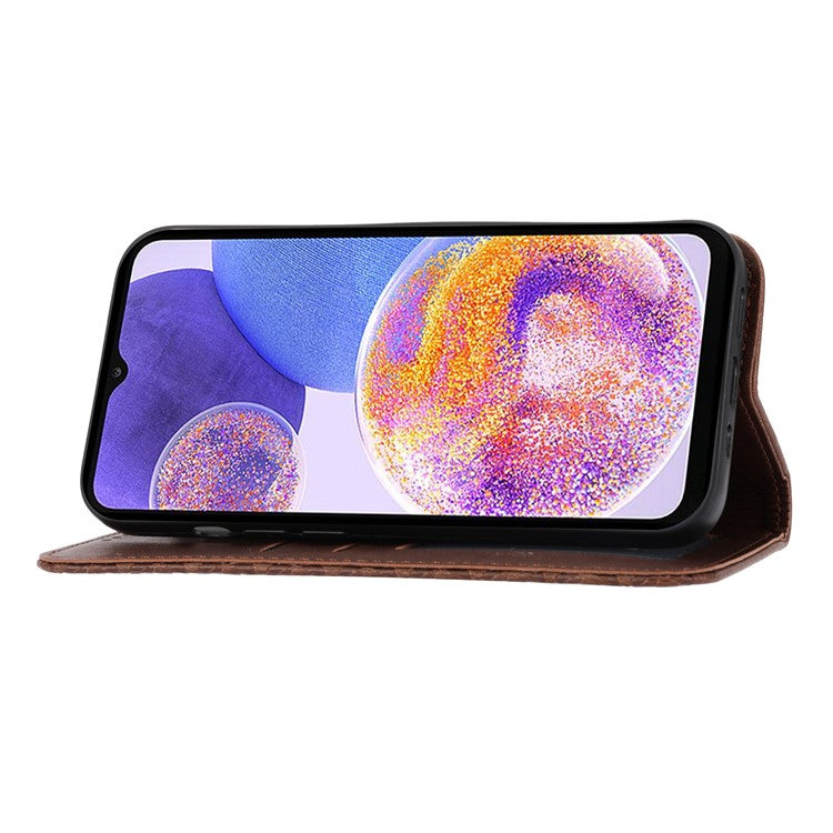 For Samsung Galaxy A32 5G / M32 5G Shockproof Calf Texture Wallet Stand Phone Case PU Leather Imprinted Rhombus Pattern Protective Phone Cover with Strap - Brown
