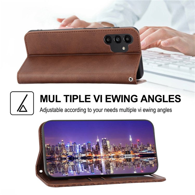 For Samsung Galaxy A32 5G / M32 5G Shockproof Calf Texture Wallet Stand Phone Case PU Leather Imprinted Rhombus Pattern Protective Phone Cover with Strap - Brown