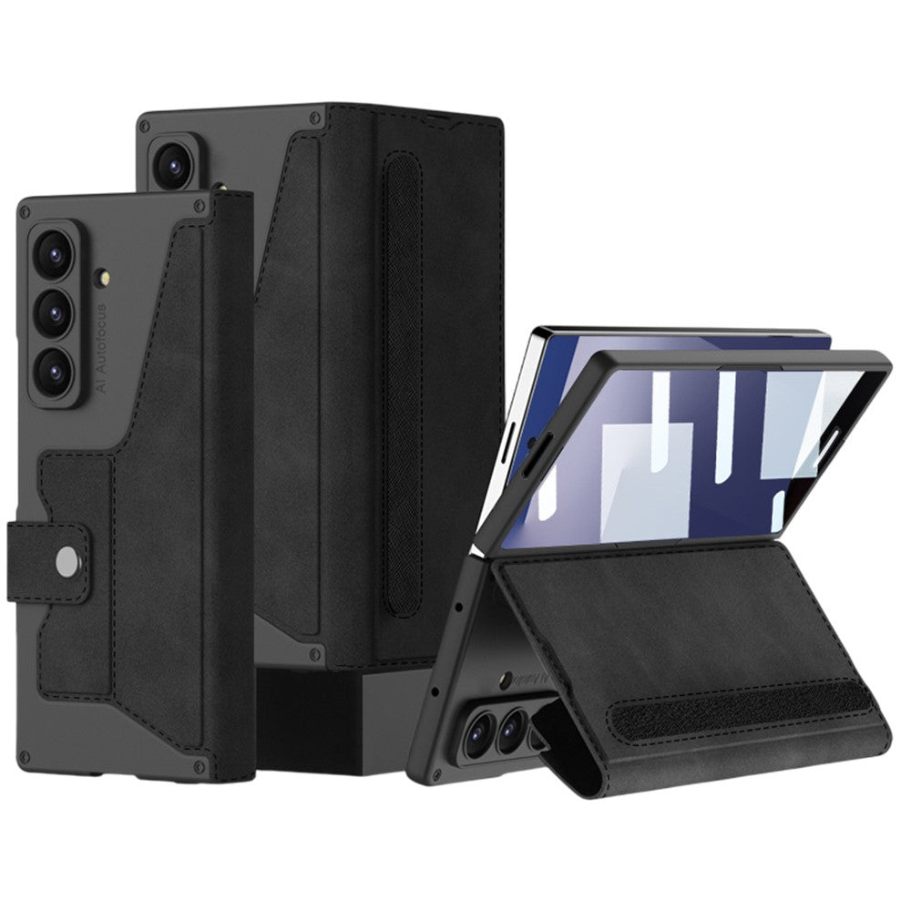 GKK For Samsung Galaxy Z Fold7 5G Stand Case with Card Holder PU PC Tempered Glass Phone Cover Magnetic Closure - Black