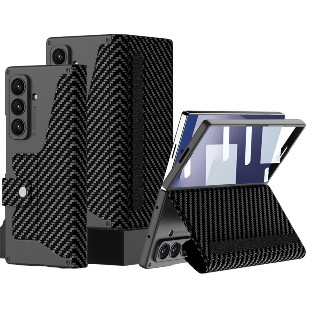 GKK For Samsung Galaxy Z Fold7 5G Stand Case with Card Holder PU PC Tempered Glass Phone Cover Magnetic Closure - Carbon Fiber Texture