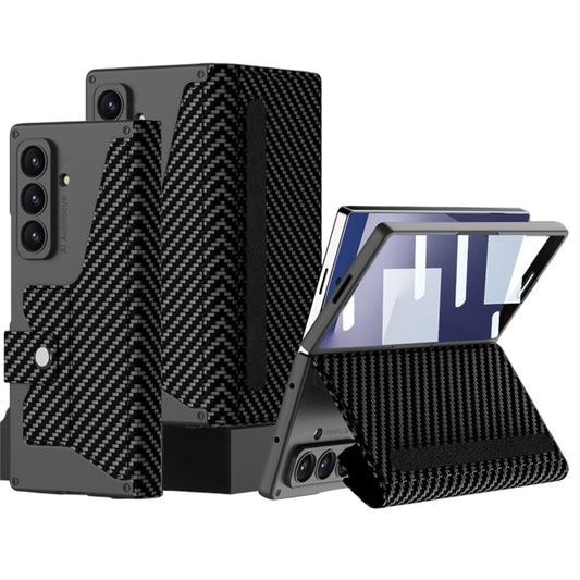GKK For Samsung Galaxy Z Fold7 5G Stand Case with Card Holder PU PC Tempered Glass Phone Cover Magnetic Closure - Carbon Fiber Texture