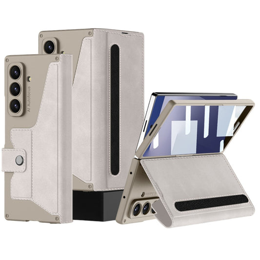 GKK For Samsung Galaxy Z Fold7 5G Stand Case with Card Holder PU PC Tempered Glass Phone Cover Magnetic Closure - Titanium Grey