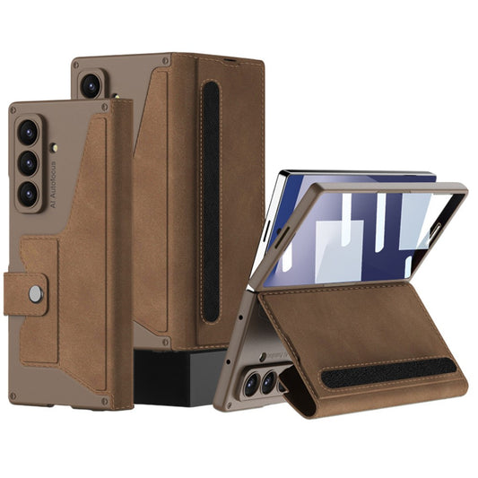 GKK For Samsung Galaxy Z Fold7 5G Stand Case with Card Holder PU PC Tempered Glass Phone Cover Magnetic Closure - Brown