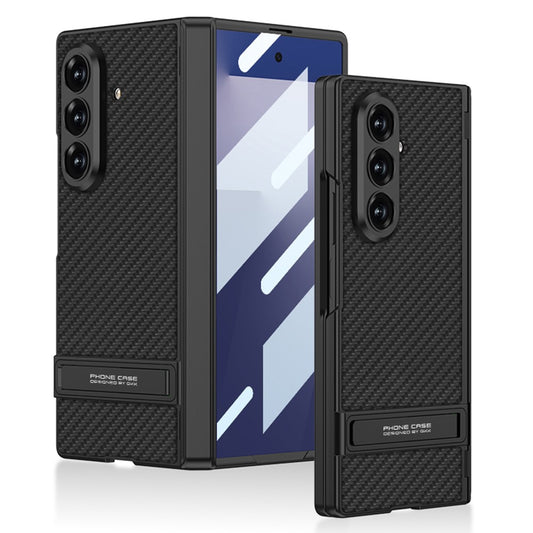 GKK For Samsung Galaxy Z Fold7 5G Kickstand Case Hinge Protection PU PC Tempered Glass Phone Cover - Carbon Fiber Texture