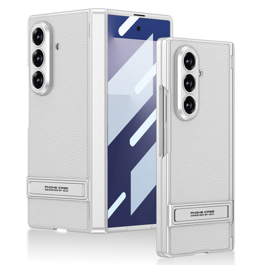 GKK For Samsung Galaxy Z Fold7 5G Kickstand Case Hinge Protection PU PC Tempered Glass Phone Cover - White