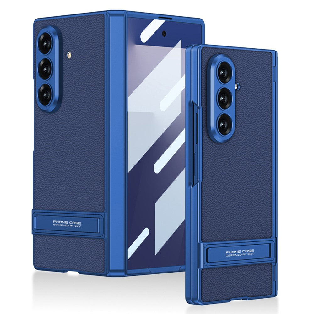GKK For Samsung Galaxy Z Fold7 5G Kickstand Case Hinge Protection PU PC Tempered Glass Phone Cover - Blue