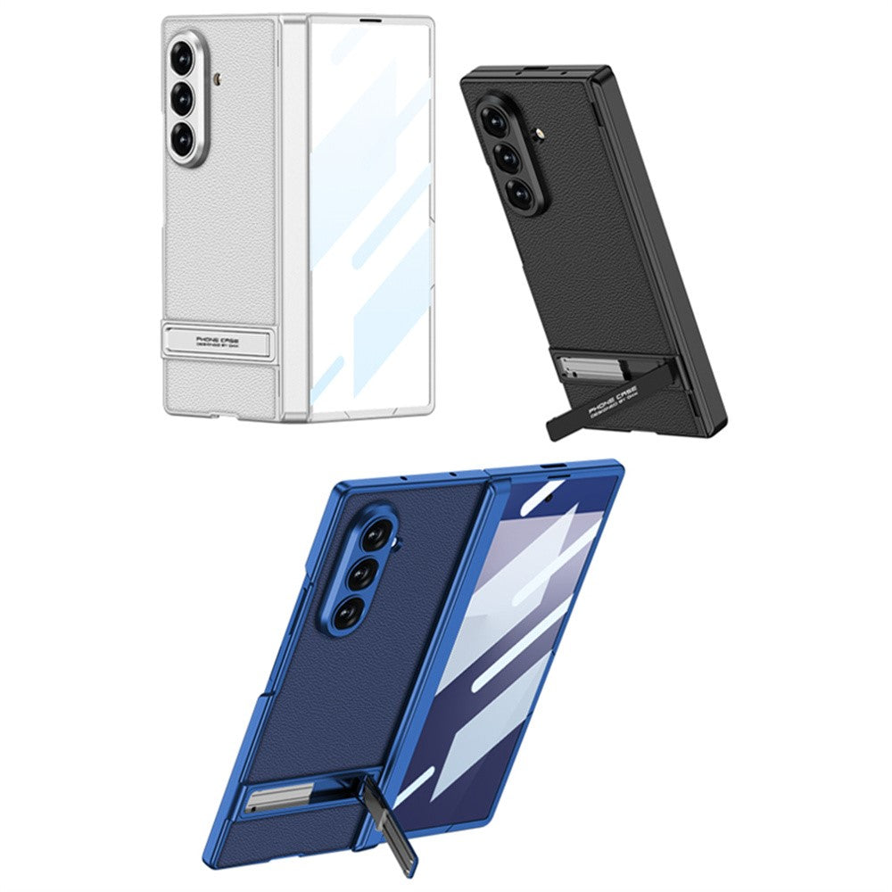 GKK For Samsung Galaxy Z Fold7 5G Kickstand Case Hinge Protection PU PC Tempered Glass Phone Cover - Blue