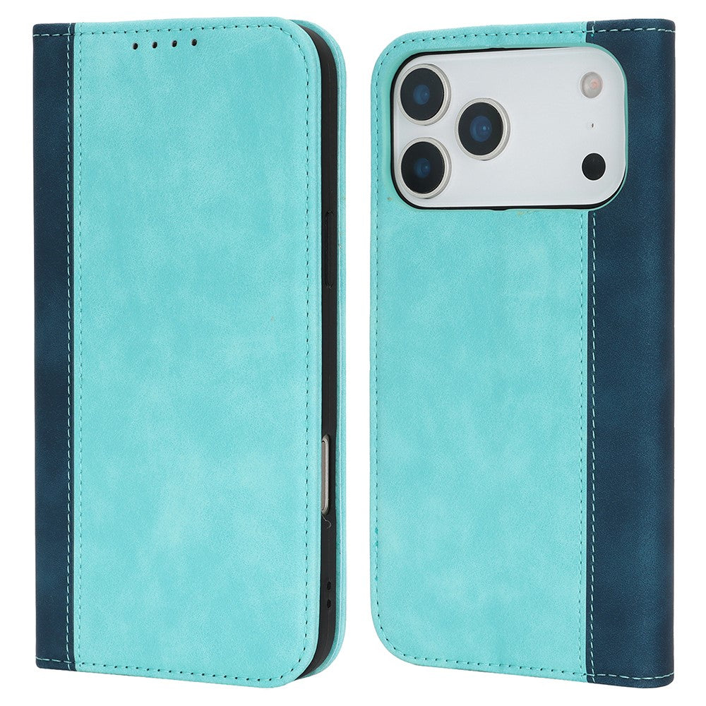 For iPhone 17 Pro Max Case Calf Texture 3 Card Slots Color Splicing Leather Phone Cover - Light Blue+Dark Blue