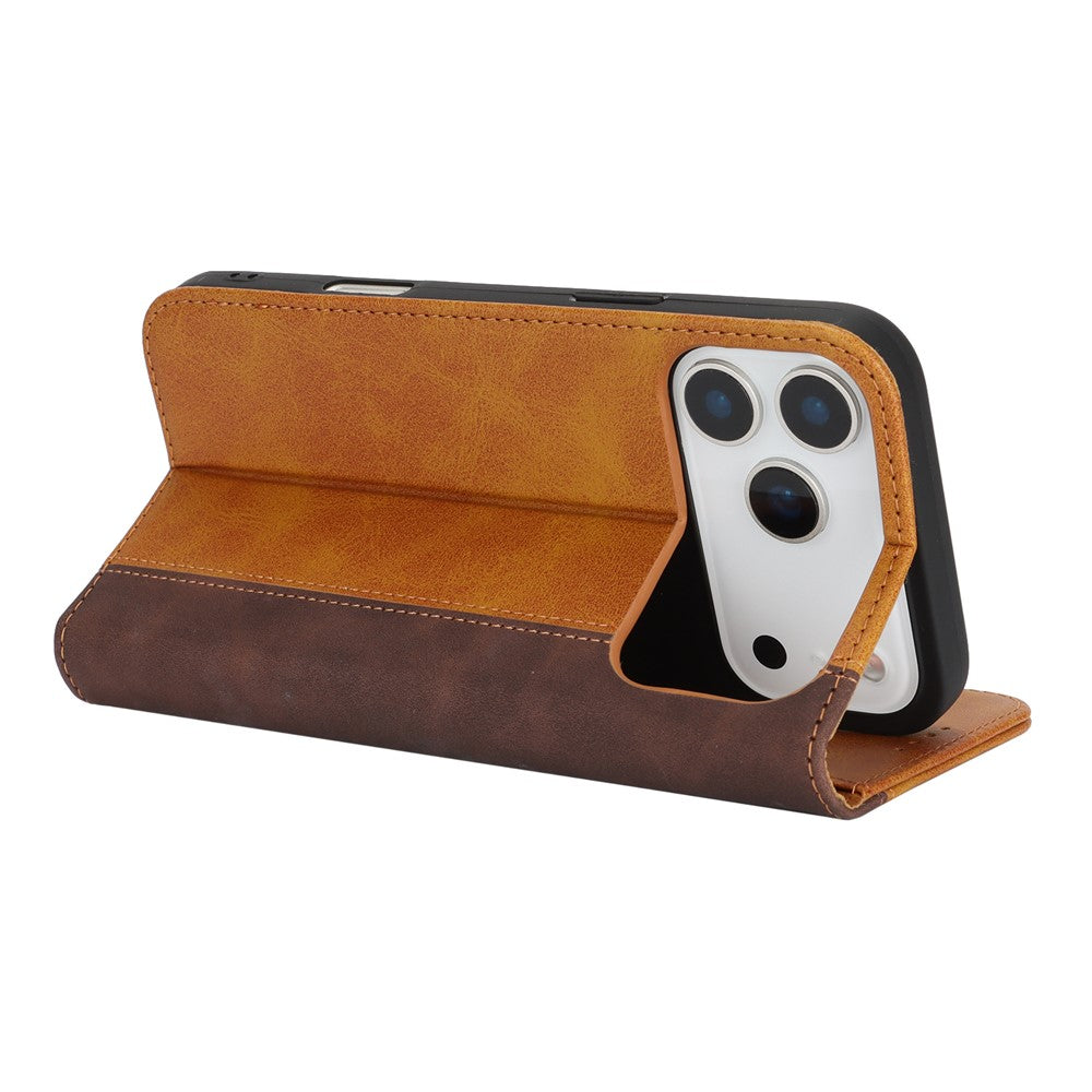 For iPhone 17 Pro Max Case Calf Texture 3 Card Slots Color Splicing Leather Phone Cover - Yellow+Brown