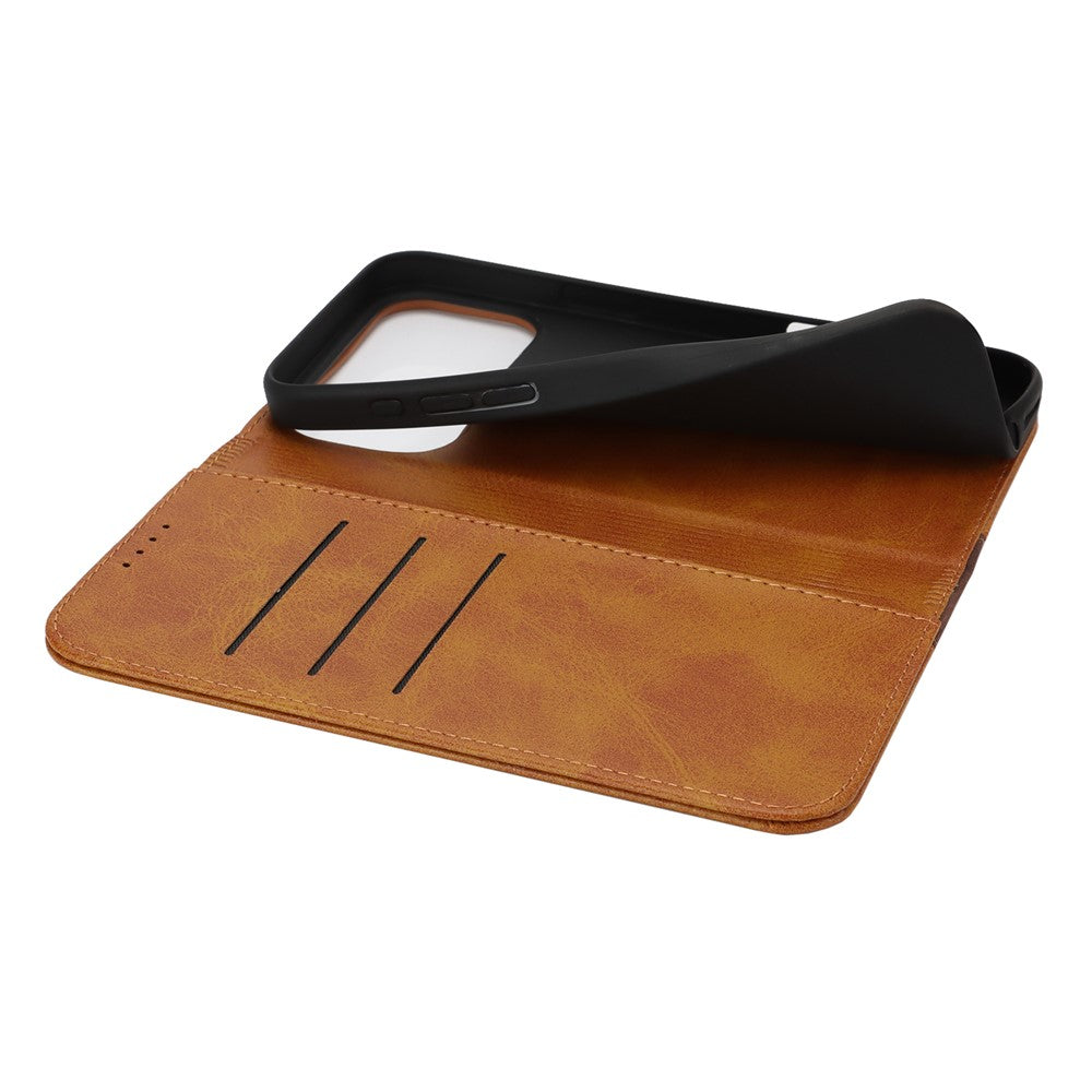 For iPhone 17 Pro Max Case Calf Texture 3 Card Slots Color Splicing Leather Phone Cover - Yellow+Brown