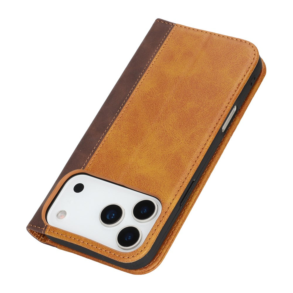 For iPhone 17 Pro Max Case Calf Texture 3 Card Slots Color Splicing Leather Phone Cover - Yellow+Brown
