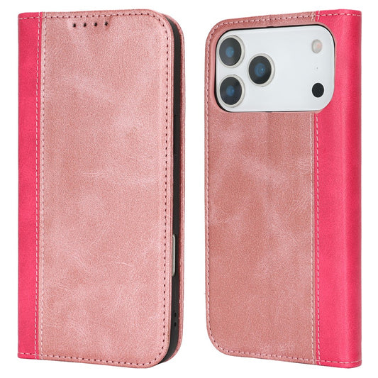 For iPhone 17 Pro Max Case Calf Texture 3 Card Slots Color Splicing Leather Phone Cover - Rose Gold+Rose