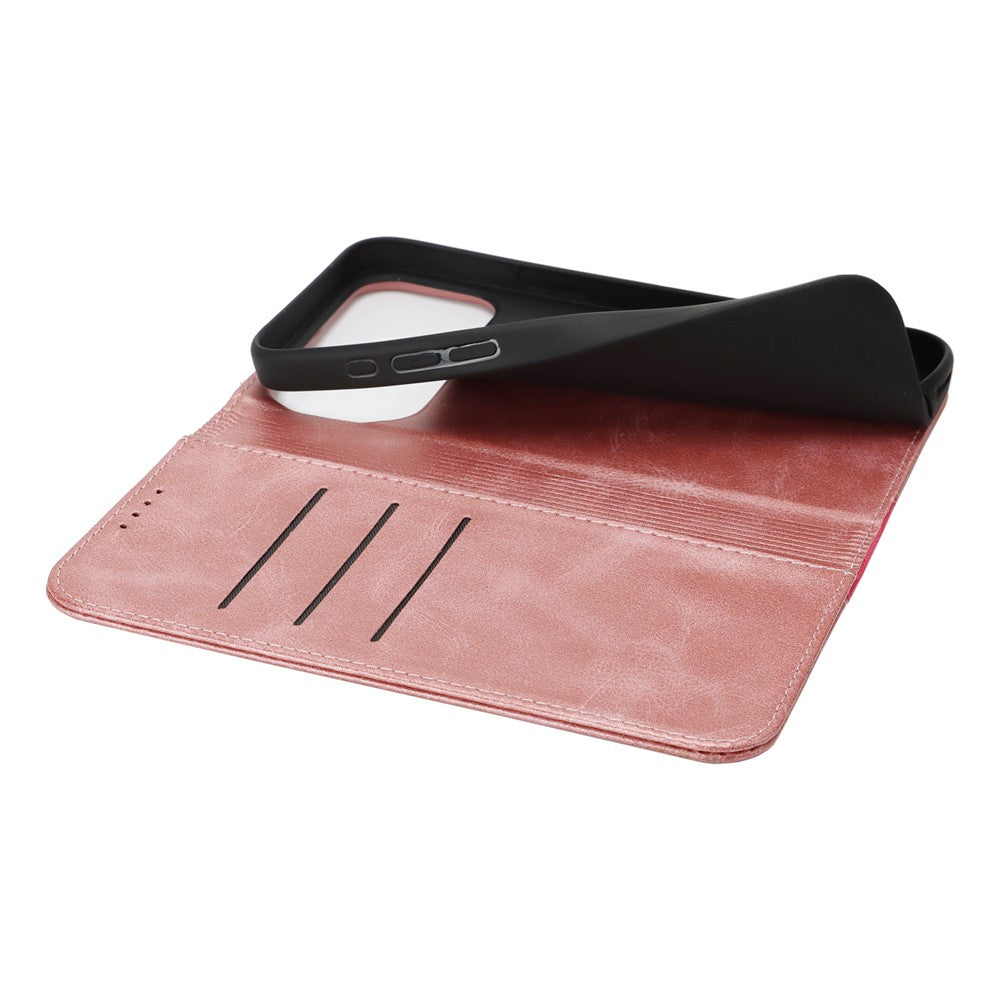 For iPhone 17 Pro Max Case Calf Texture 3 Card Slots Color Splicing Leather Phone Cover - Rose Gold+Rose