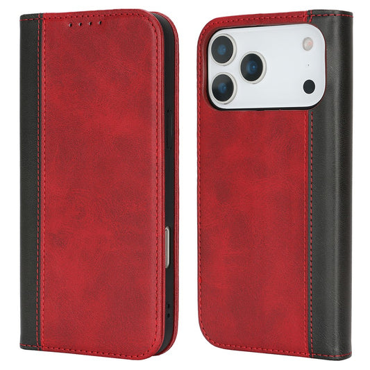 For iPhone 17 Pro Max Case Calf Texture 3 Card Slots Color Splicing Leather Phone Cover - Red+Black