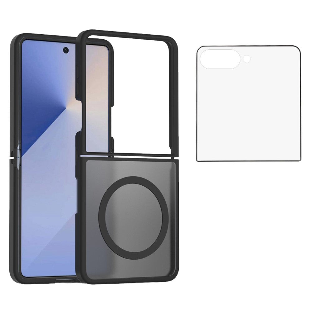 For Samsung Galaxy Z Flip7 5G Case PC + TPU Kickstand Phone Cover with Tempered Glass Screen Film - Black
