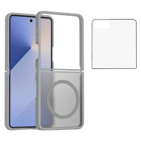 For Samsung Galaxy Z Flip7 5G Case PC + TPU Kickstand Phone Cover with Tempered Glass Screen Film - Grey