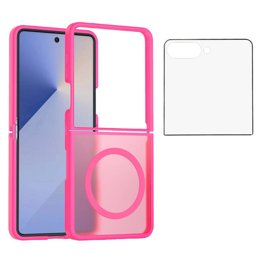 For Samsung Galaxy Z Flip7 5G Case PC + TPU Kickstand Phone Cover with Tempered Glass Screen Film - Rose