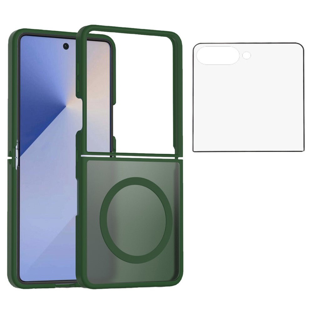 For Samsung Galaxy Z Flip7 5G Case PC + TPU Kickstand Phone Cover with Tempered Glass Screen Film - Blackish Green