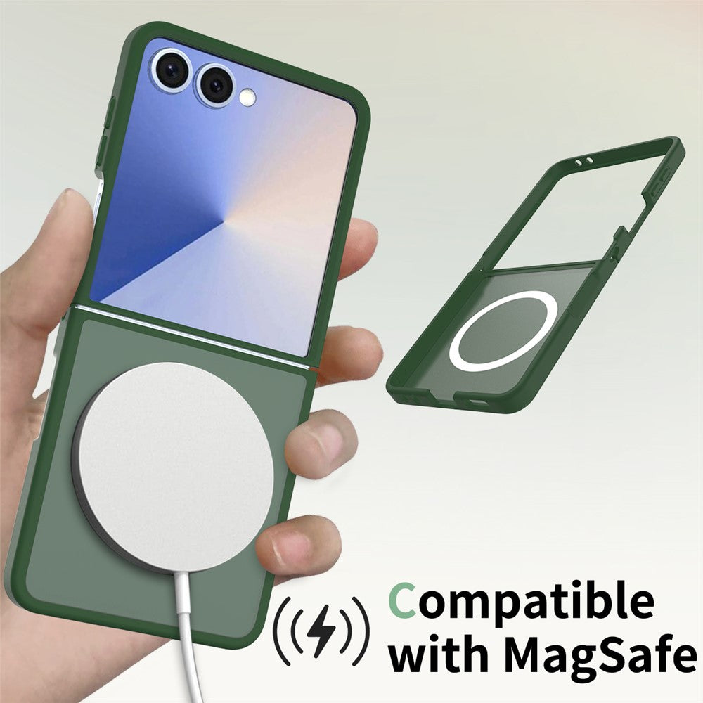For Samsung Galaxy Z Flip7 5G Case PC + TPU Kickstand Phone Cover with Tempered Glass Screen Film - Blackish Green