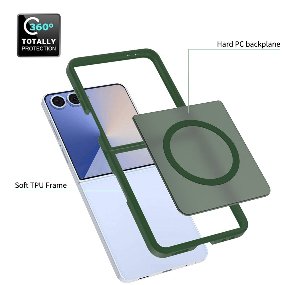 For Samsung Galaxy Z Flip7 5G Case PC + TPU Kickstand Phone Cover with Tempered Glass Screen Film - Blackish Green