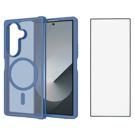 For Samsung Galaxy Z Fold7 5G Case PC + TPU Kickstand Phone Cover with Tempered Glass Screen Film - Sapphire