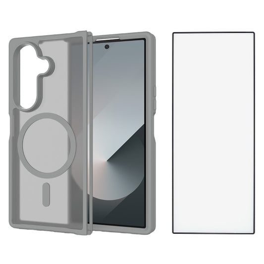 For Samsung Galaxy Z Fold7 5G Case PC + TPU Kickstand Phone Cover with Tempered Glass Screen Film - Grey