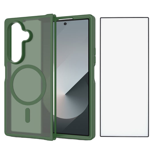 For Samsung Galaxy Z Fold7 5G Case PC + TPU Kickstand Phone Cover with Tempered Glass Screen Film - Blackish Green