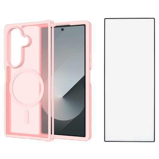 For Samsung Galaxy Z Fold7 5G Case PC + TPU Kickstand Phone Cover with Tempered Glass Screen Film - Light Pink