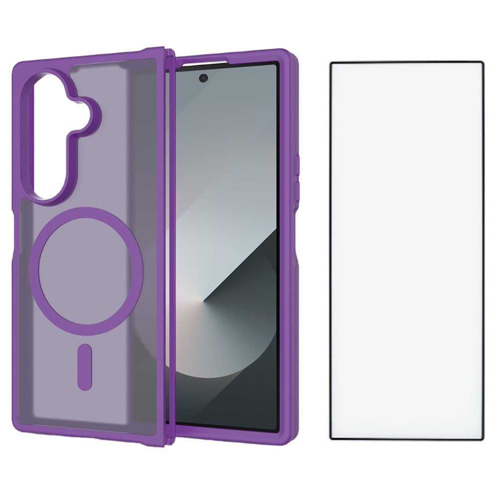 For Samsung Galaxy Z Fold7 5G Case PC + TPU Kickstand Phone Cover with Tempered Glass Screen Film - Dark Purple