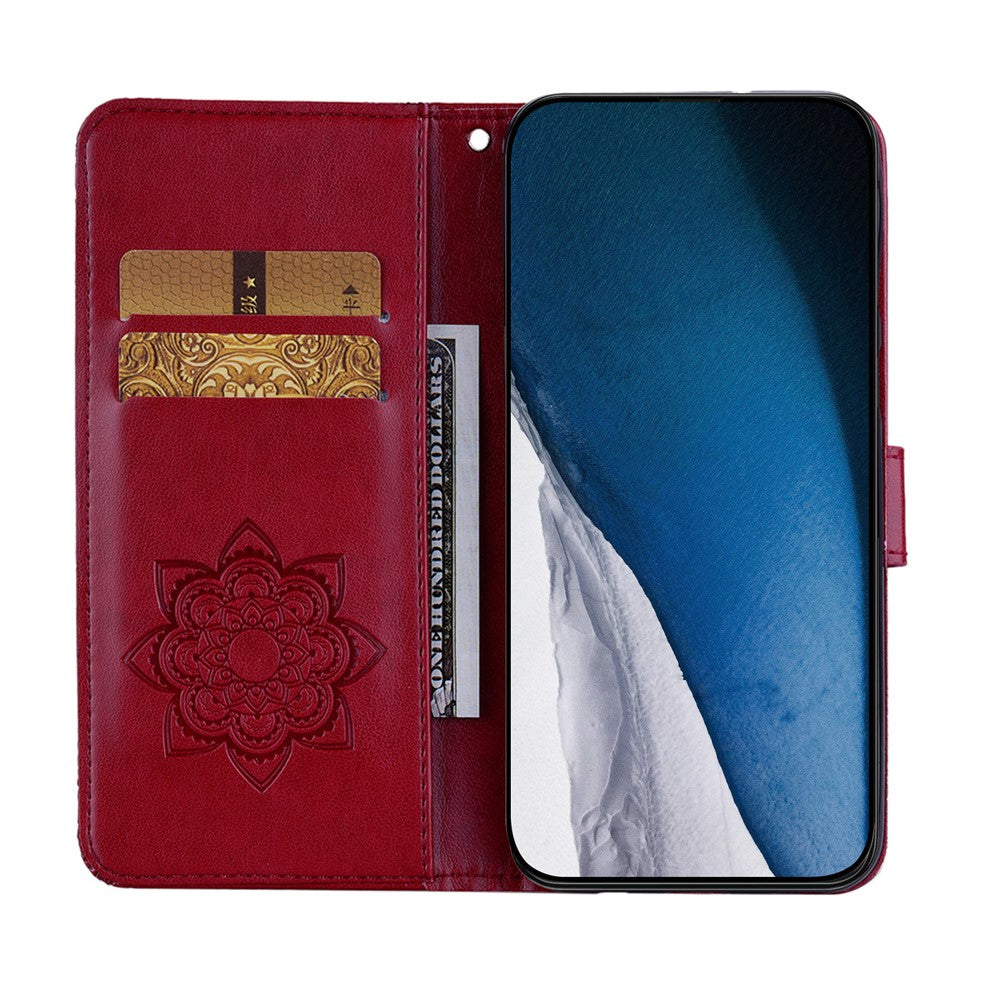 For iPhone 17 Pro Max Case Owl Flower Imprinted Leather Cover Wallet with Strap - Red