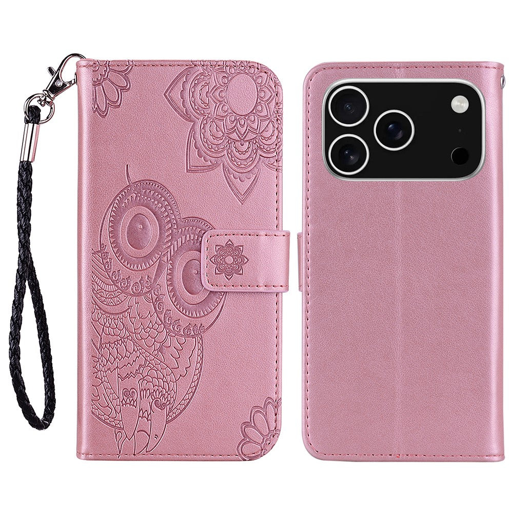 For iPhone 17 Pro Max Case Owl Flower Imprinted Leather Cover Wallet with Strap - Rose Gold