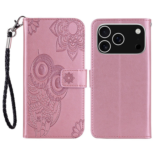 For iPhone 17 Pro Max Case Owl Flower Imprinted Leather Cover Wallet with Strap - Rose Gold