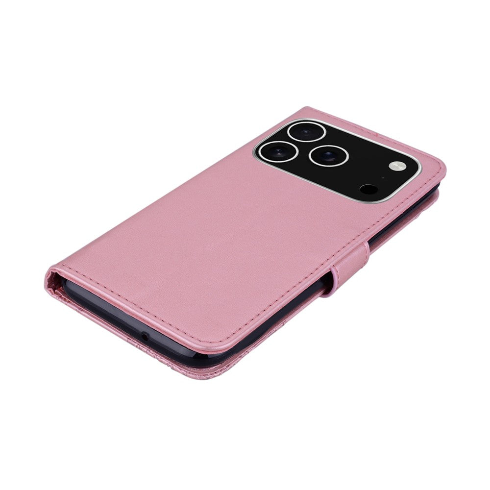 For iPhone 17 Pro Max Case Owl Flower Imprinted Leather Cover Wallet with Strap - Rose Gold