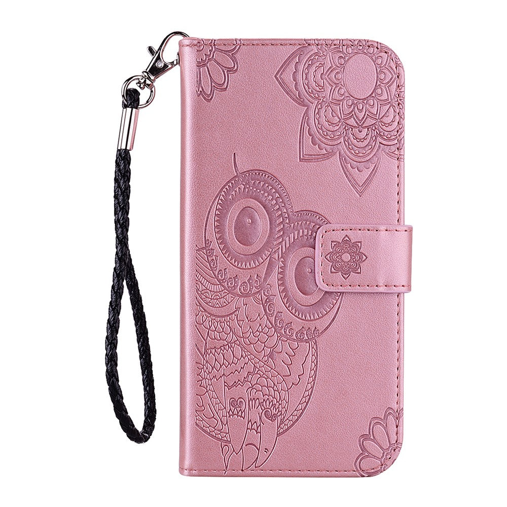 For iPhone 17 Pro Max Case Owl Flower Imprinted Leather Cover Wallet with Strap - Rose Gold