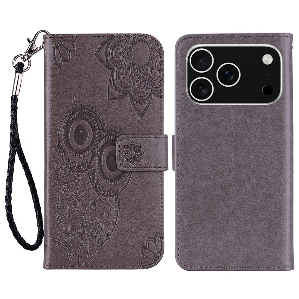 For iPhone 17 Pro Max Case Owl Flower Imprinted Leather Cover Wallet with Strap - Grey