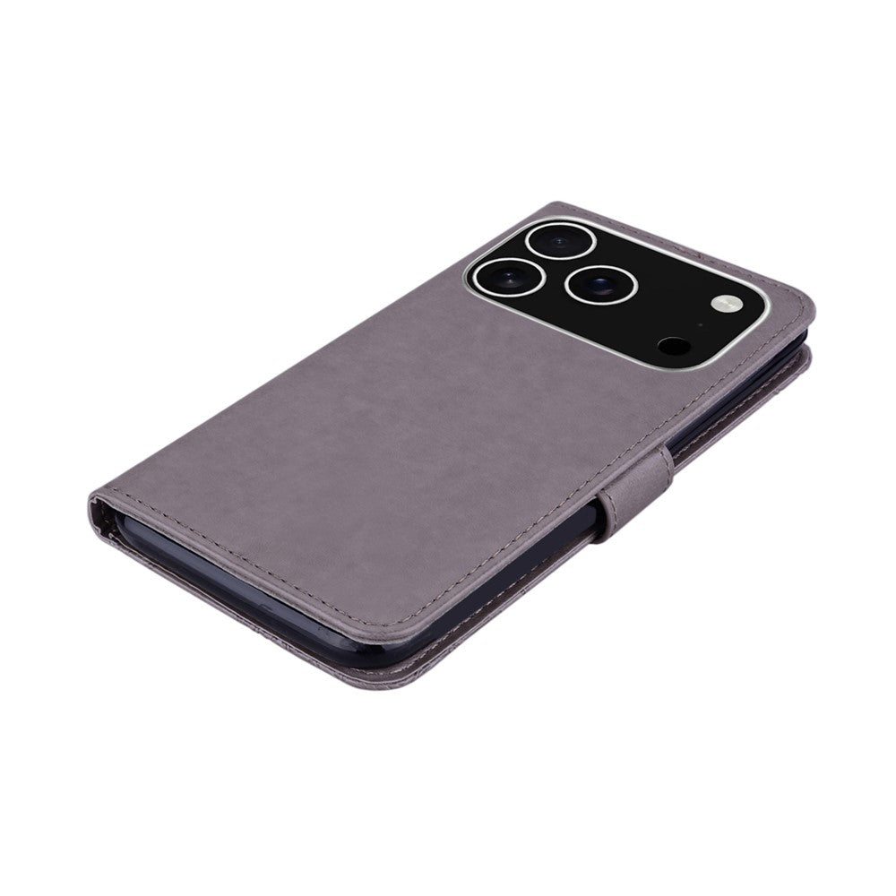 For iPhone 17 Pro Max Case Owl Flower Imprinted Leather Cover Wallet with Strap - Grey