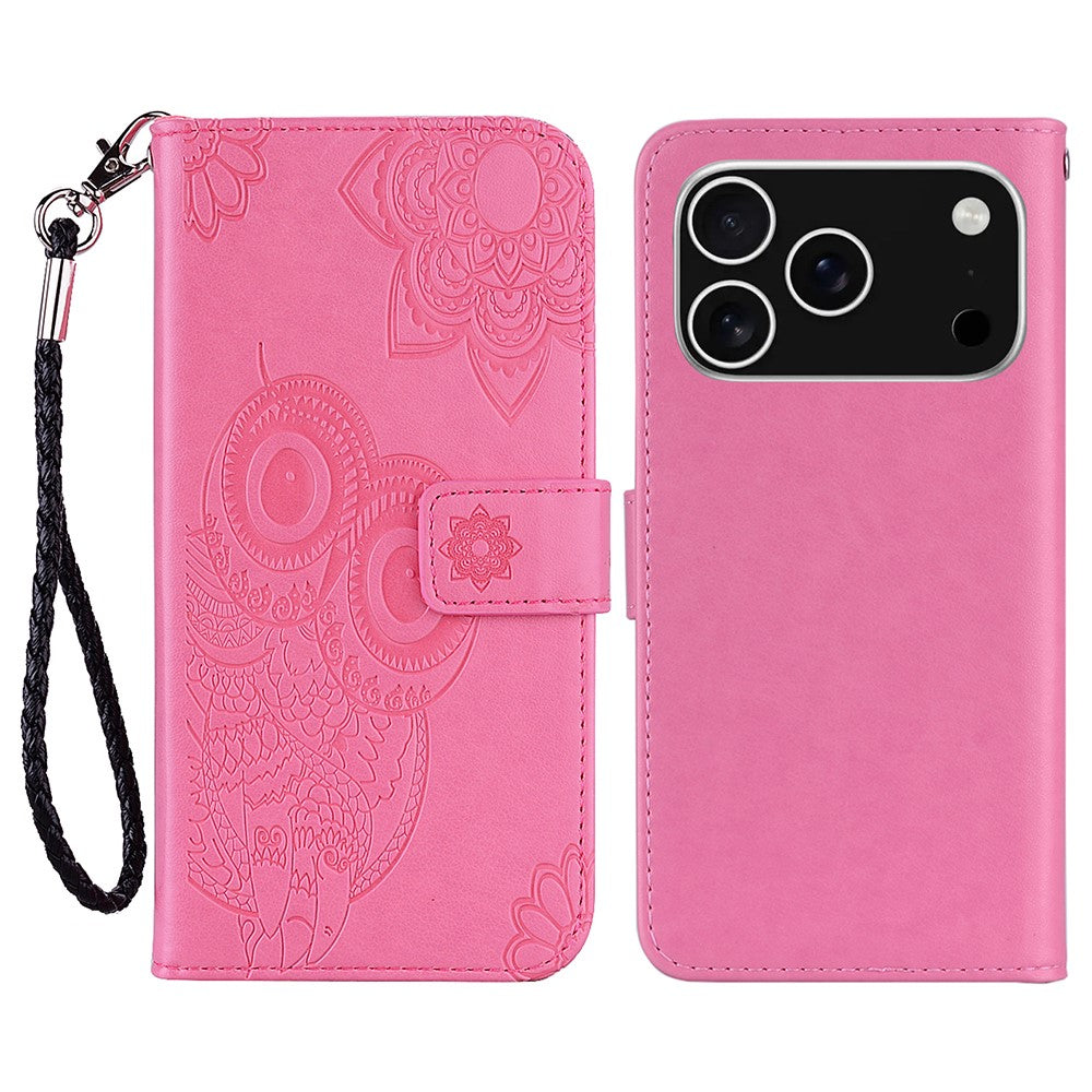For iPhone 17 Pro Max Case Owl Flower Imprinted Leather Cover Wallet with Strap - Rose